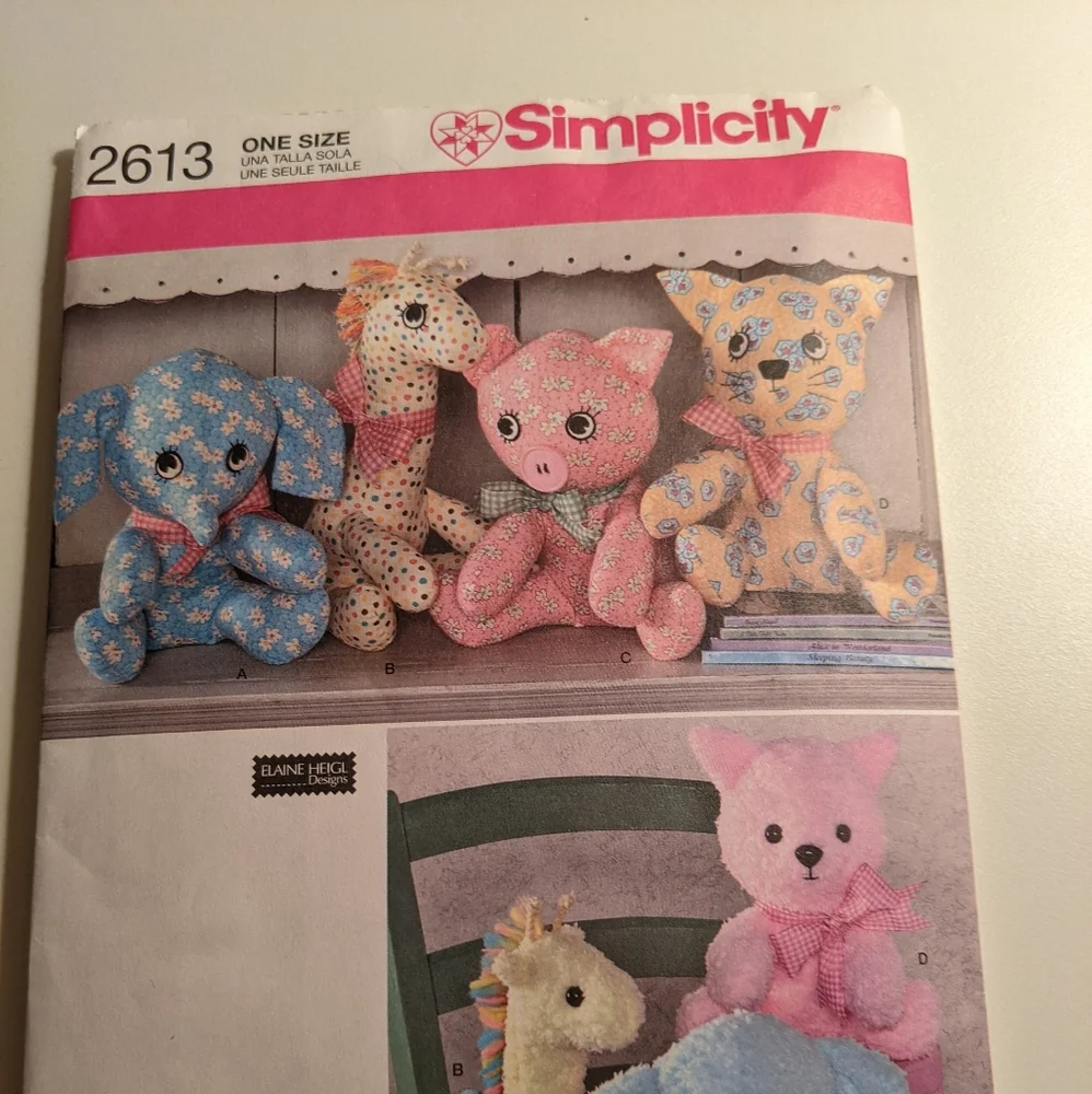 New  Simplicity 2613 Elephant, Giraffe, Pig & Bear uncut animal sewing pattern